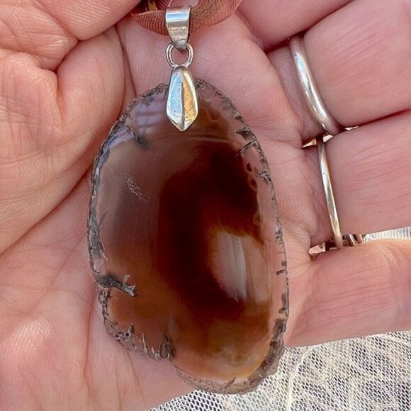 Genuine Geode Slab Necklace Brown & Cream 16" - 18" - Picture 7 of 11